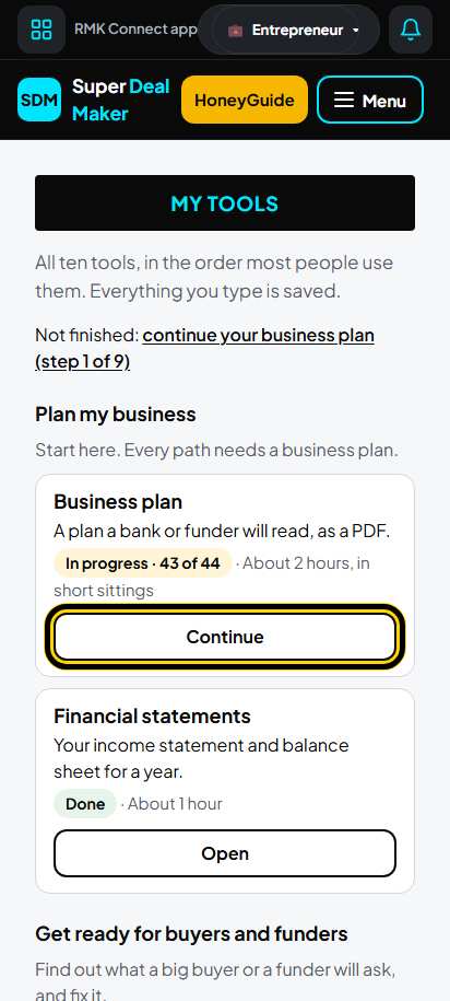 Screenshot for step 2: Open Business plan