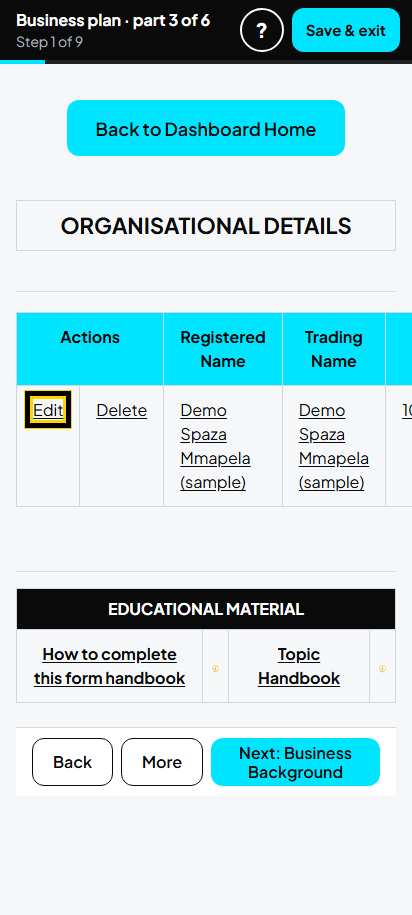 Screenshot for step 10: Organisational Details: open it