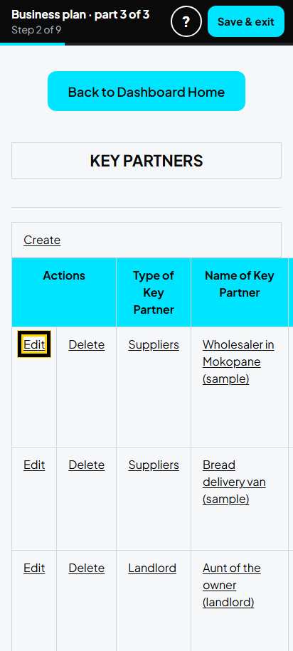 Screenshot for step 18: Key Partners: the list