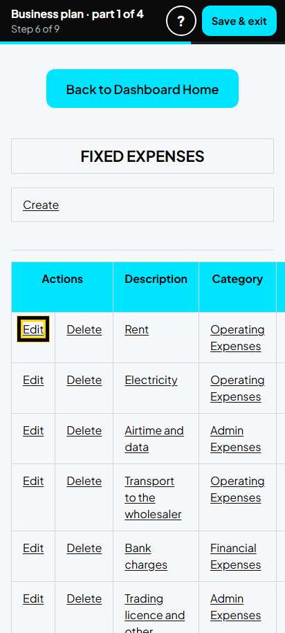 Screenshot for step 43: Fixed Expenses: the list