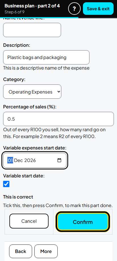 Screenshot for step 45: Variable Expenses