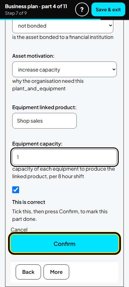 Screenshot for step 49: Owned Plant and Equipment: one item