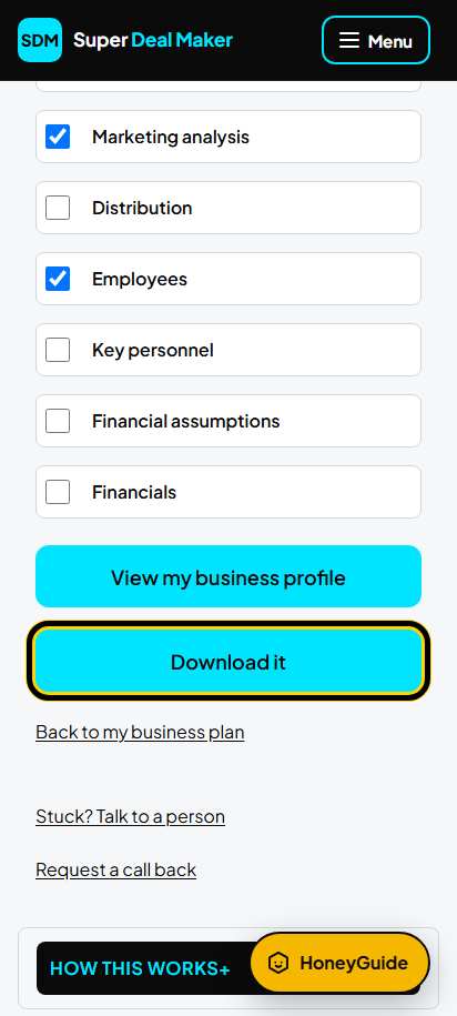Screenshot for step 67: Business profile: choose the parts
