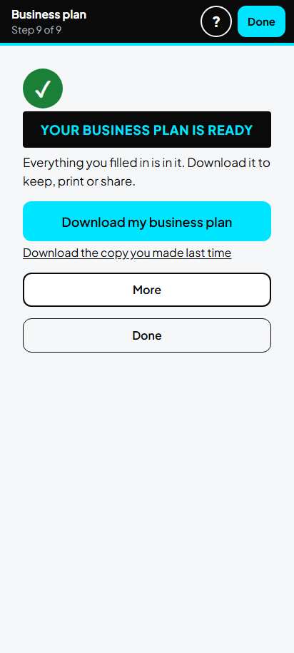 Screenshot for step 68: Your business plan is ready