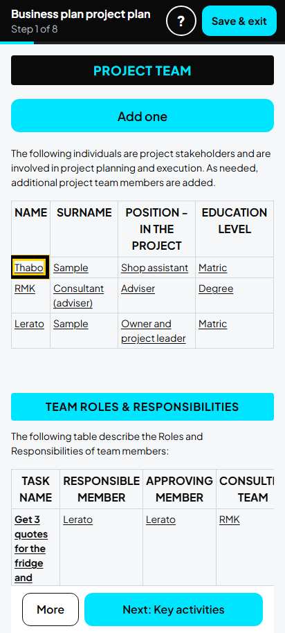 Screenshot for step 74: 1. Project team: the list