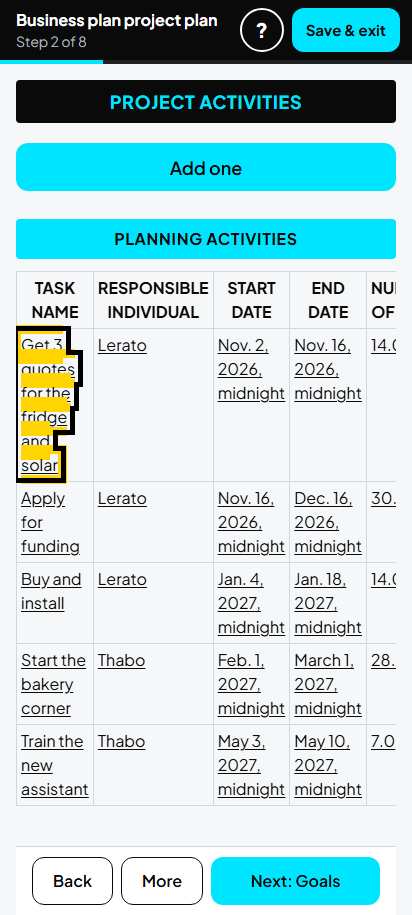 Screenshot for step 76: 2. Project activities: the list