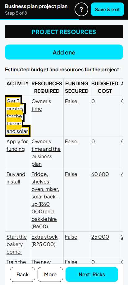 Screenshot for step 82: 5. Project resources: the list