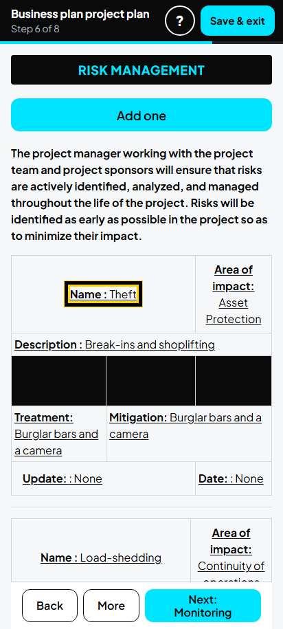 Screenshot for step 84: 6. Project risks: the list