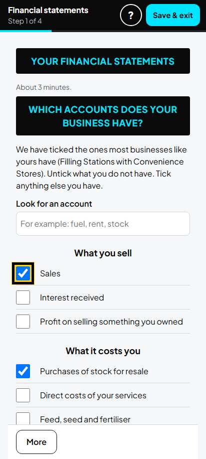 Screenshot for step 6: Which accounts does your business have?