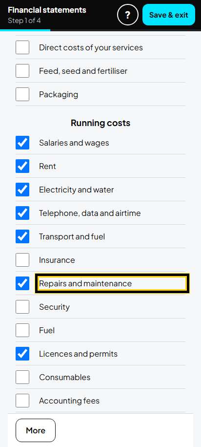 Screenshot for step 7: Your running costs