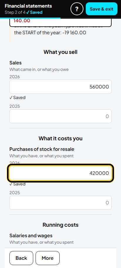 Screenshot for step 11: Type your sales and costs