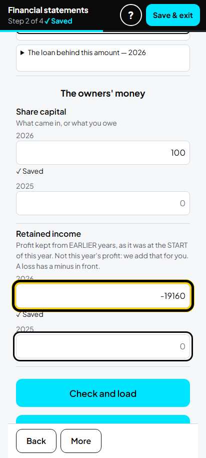 Screenshot for step 13: Retained income: the START of the year