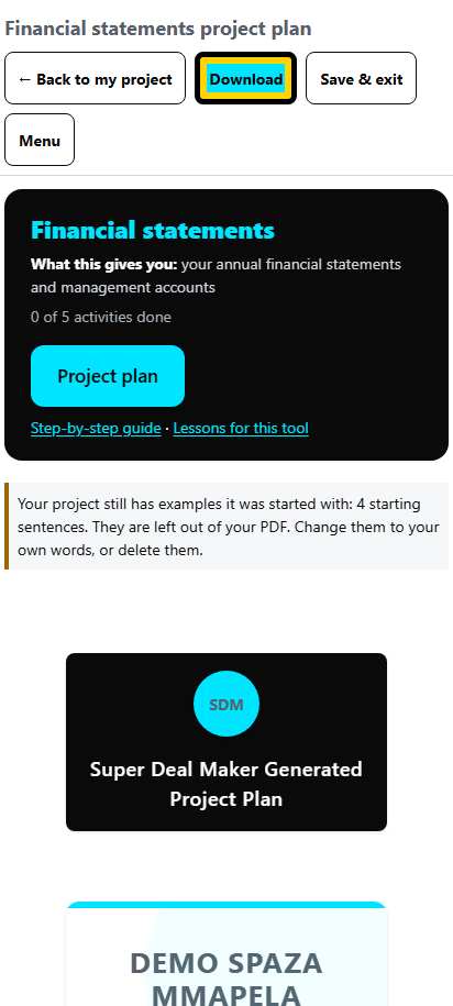 Screenshot for step 54: Your project plan on screen
