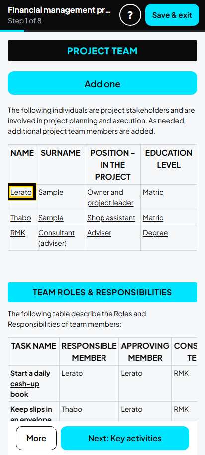 Screenshot for step 36: 1. Project team: the list