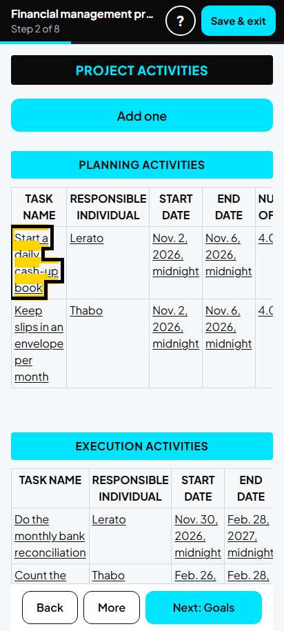 Screenshot for step 38: 2. Project activities: the list