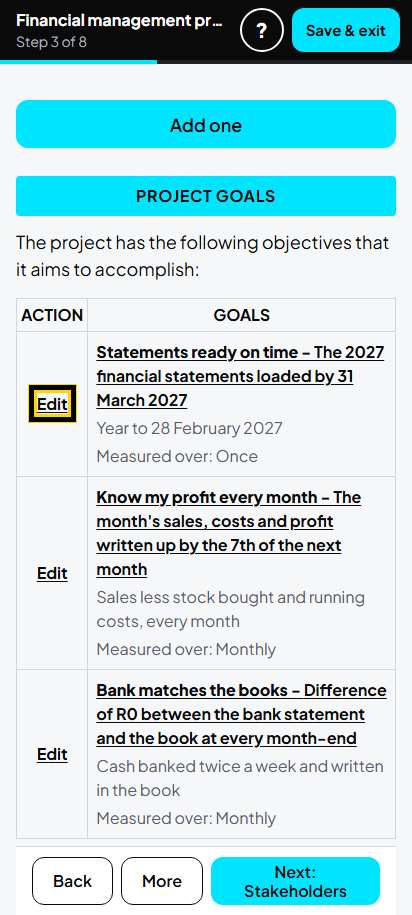 Screenshot for step 40: 3. Project goals: the list