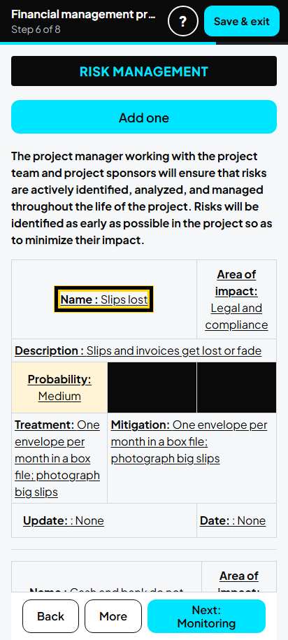 Screenshot for step 46: 6. Project risks: the list