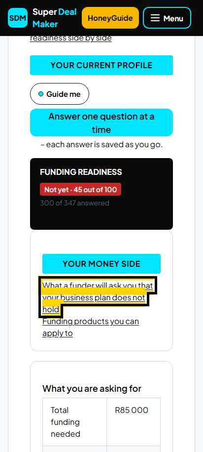 Screenshot for step 36: What a funder will ask you
