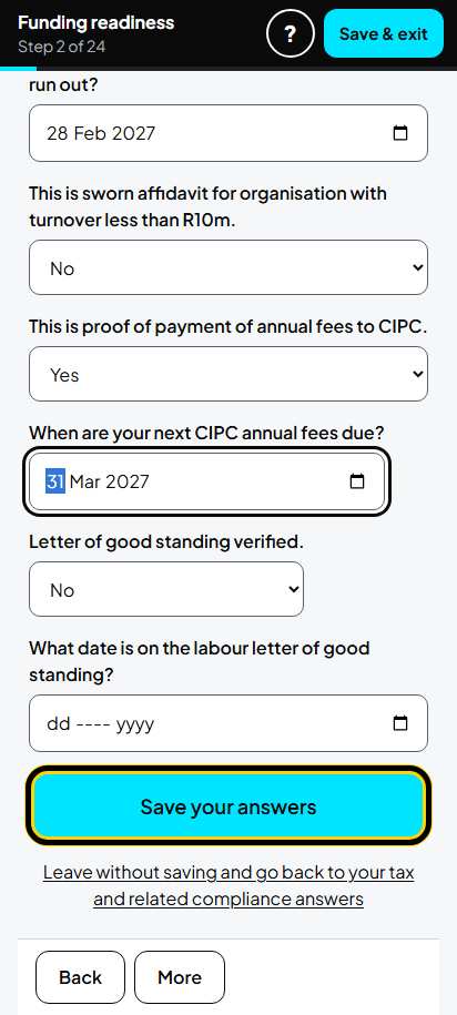 Screenshot for step 9: Screen 2. Tax and related compliance