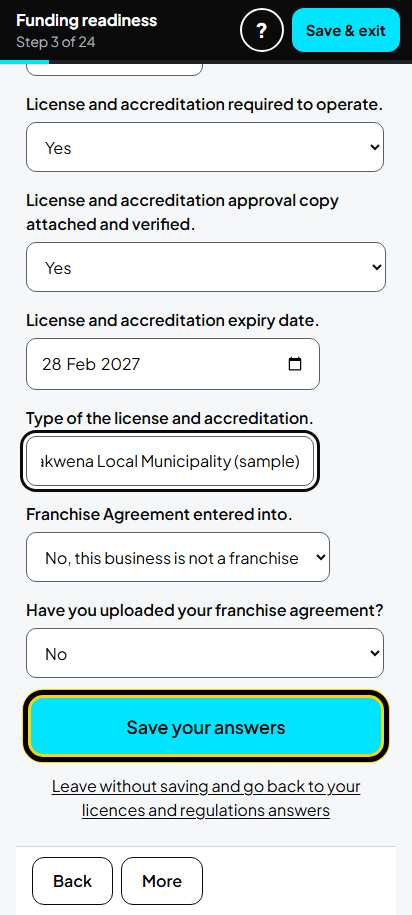 Screenshot for step 10: Screen 3. Licences and regulations