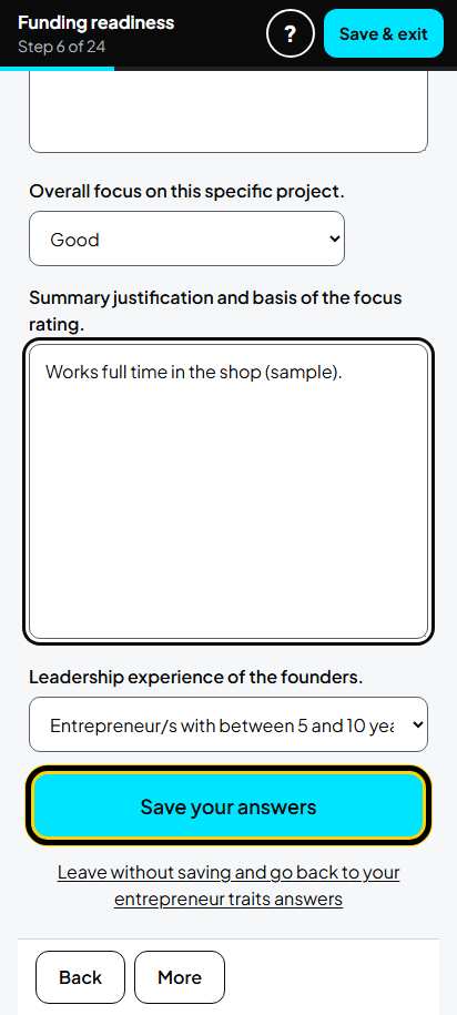 Screenshot for step 13: Screen 6. Entrepreneur traits