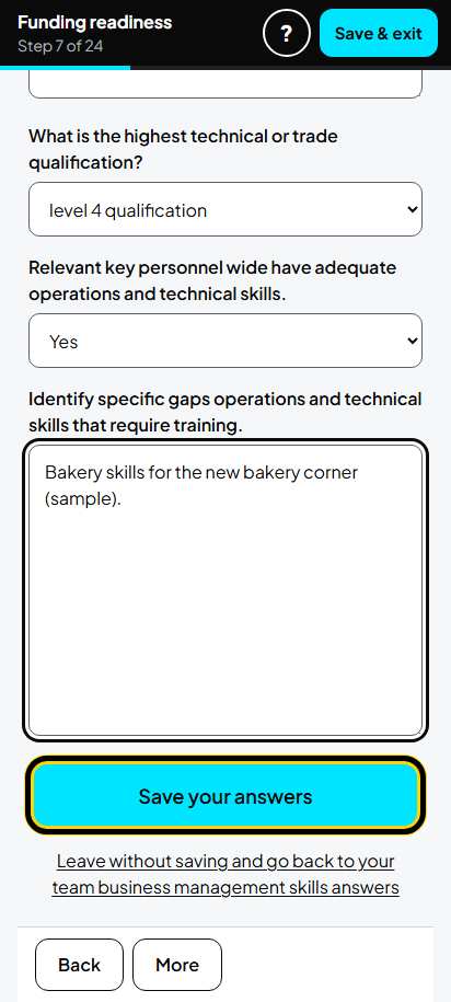 Screenshot for step 14: Screen 7. Team business management skills
