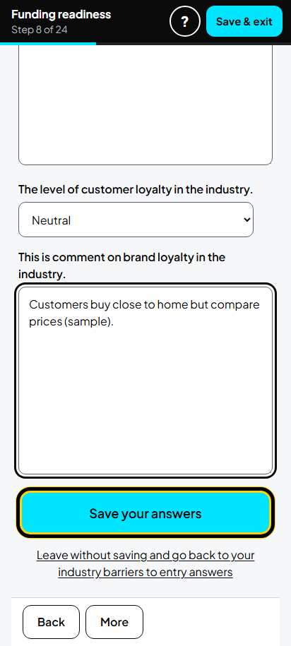 Screenshot for step 15: Screen 8. Industry barriers to entry
