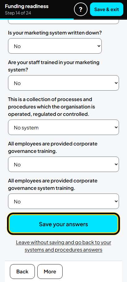 Screenshot for step 21: Screen 14. Systems and procedures