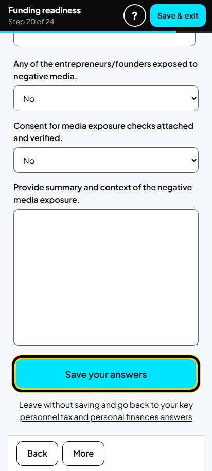 Screenshot for step 27: Screen 20. Key personnel tax and personal finances