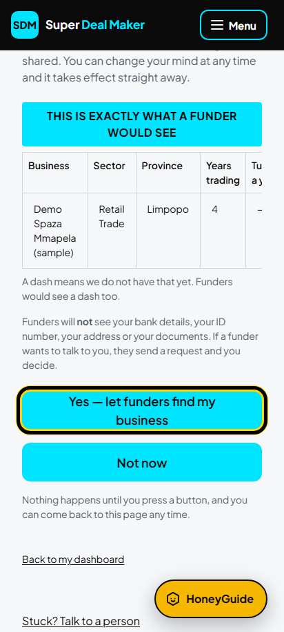 Screenshot for step 46: Let funders find your business
