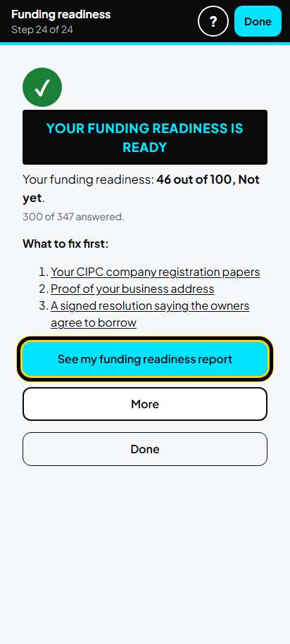 Screenshot for step 32: Your funding readiness is ready