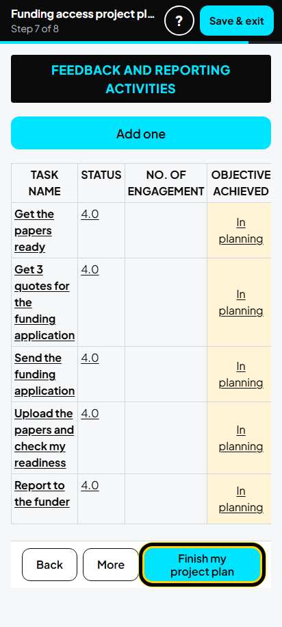 Screenshot for step 63: Finish my project plan