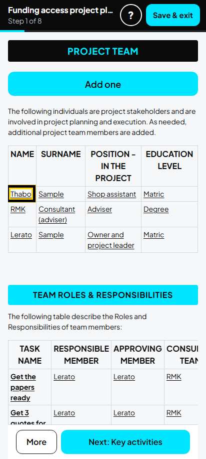 Screenshot for step 49: 1. Project team: the list
