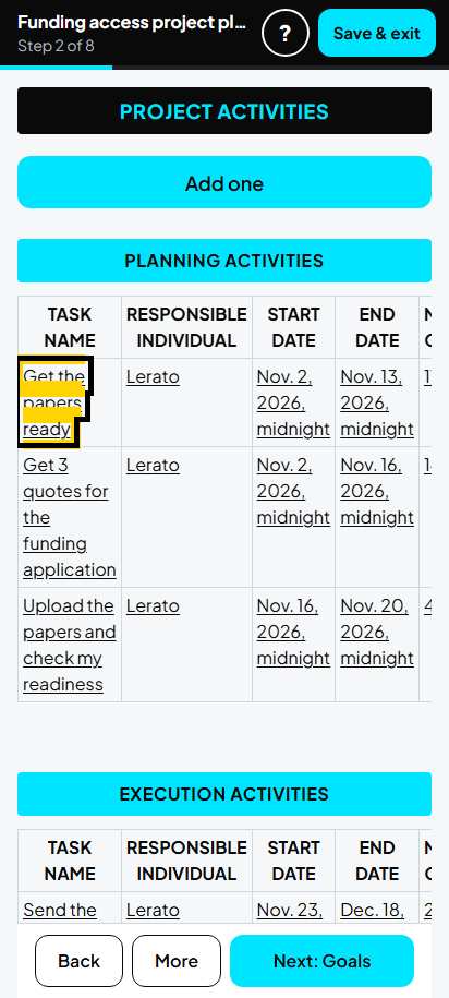 Screenshot for step 51: 2. Project activities: the list
