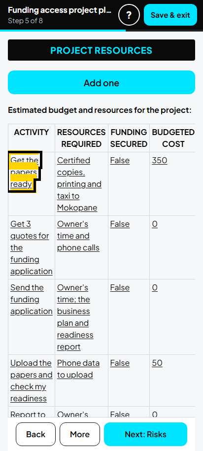 Screenshot for step 57: 5. Project resources: the list