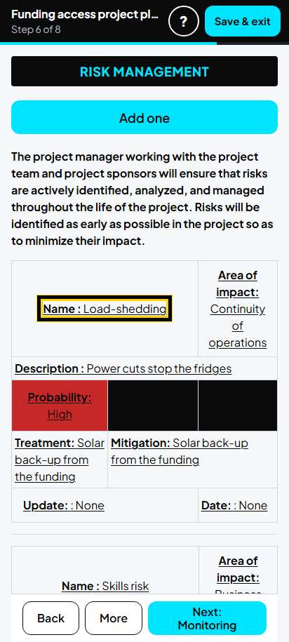 Screenshot for step 59: 6. Project risks: the list