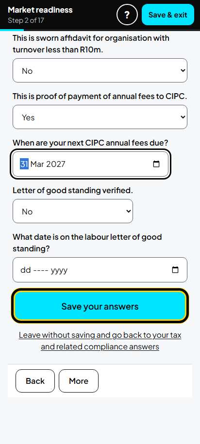 Screenshot for step 9: Screen 2. Tax and related compliance