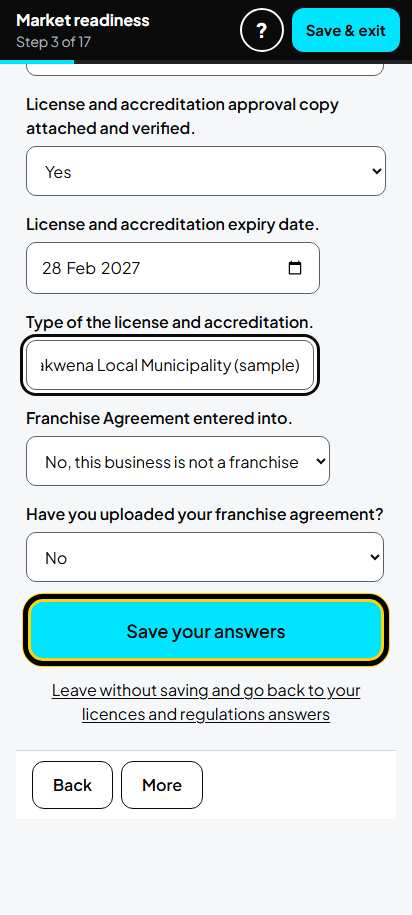 Screenshot for step 10: Screen 3. Licences and regulations