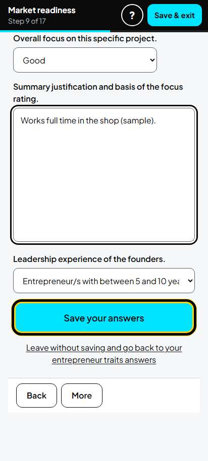 Screenshot for step 16: Screen 9. Entrepreneur traits