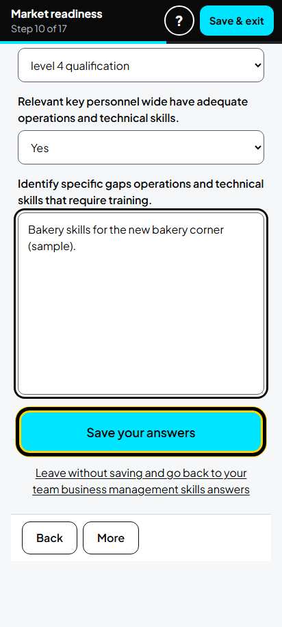 Screenshot for step 17: Screen 10. Team business management skills