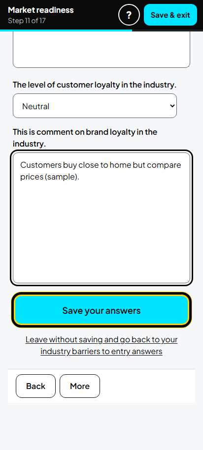 Screenshot for step 18: Screen 11. Industry barriers to entry
