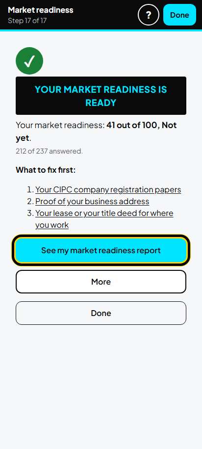 Screenshot for step 25: Your market readiness is ready