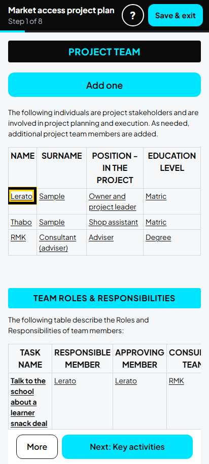 Screenshot for step 36: 1. Project team: the list