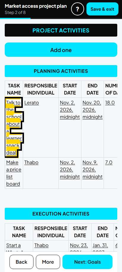 Screenshot for step 38: 2. Project activities: the list
