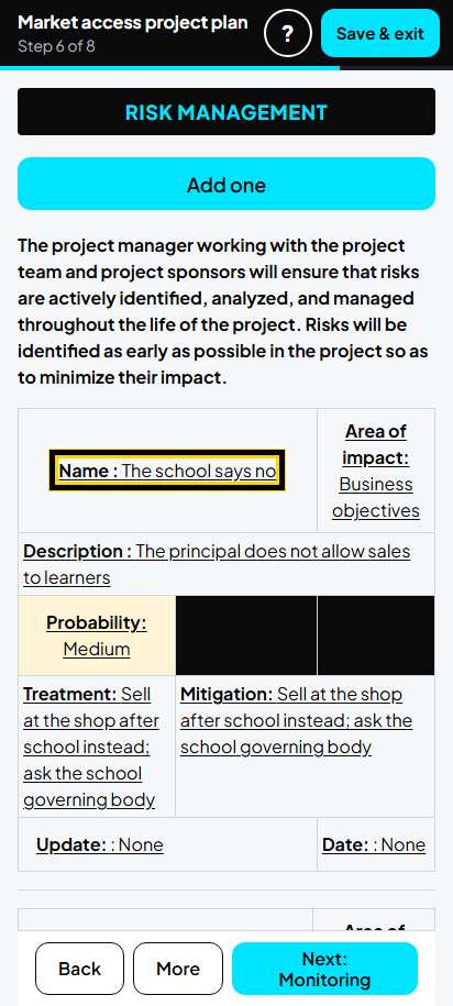 Screenshot for step 46: 6. Project risks: the list